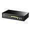 Schwarzer Cudy 6-Port PoE+ Switch vor weißem Hintergrund mit sechs RJ45-Anschlüssen und Status-LEDs.