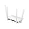 Weißer Cudy-WLAN-Router mit vier Antennen vor weißem Hintergrund, Rückansicht mit verschiedenen Anschlüssen.