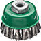 Wire brush, green and metallic, with screw in the center.