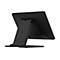 Moniteur noir vu de dos, sur un support. Design angulaire avec des bords tranchants. Sur fond clair.