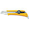 Cutter OLFA jaune avec lame grise et molette bleue pour régler la longueur de la lame.