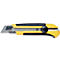 Cutter jaune et noir, lame en métal, molette de réglage.