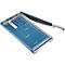 Blue paper cutter with black blade and white handle. Measurements and lines are shown on the cutting surface.