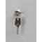 A key hangs in front of a keyhole, both made of metal. The key says "46793".