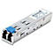 Ein silberner D-Link SFP-Transceiver mit blauem Clip und Beschriftung.