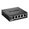 Un commutateur Ethernet rapide D-Link noir. L'avant comporte cinq ports réseau et des LED. Le haut indique D-Link.