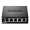 Schwarzer D-Link Fast Ethernet Switch mit 5 Ports. Oben das D-Link Logo, darunter die Ports 1-5 mit Status-LEDs. Beschriftung: DES-105, Fast Ethernet Switch.
