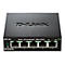 Schwarzer D-Link Fast Ethernet Switch mit fünf Anschlüssen. Aufschrift: DES-105, Fast Ethernet Switch, D-Link.