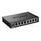 Ein schwarzer D-Link Fast Ethernet Switch DES-108 mit acht Ports, Beschriftung und LED-Anzeigen.