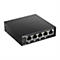 Commutateur réseau D-Link noir avec cinq ports, étiquettes et LED.