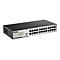 Commutateur réseau D-Link noir avec 24 ports. L'appareil dispose de connecteurs et de voyants.