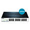 Un commutateur réseau D-Link noir avec 24 ports sur fond blanc. Un cercle bleu avec le texte "Sans ventilateur".
