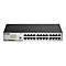 Un commutateur D-Link noir avec 24 ports Ethernet. Les ports et les voyants lumineux sont visibles à l'avant. Le nom du fabricant est en haut.