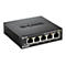 Schwarzer D-Link Gigabit Switch mit fünf Anschlüssen. Aufschrift: DGS-105, Gigabit Switch, 10/100/1000.