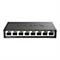 Commutateur réseau D-Link noir avec huit ports, éclairés en vert. 'D-Link DGS-108' est à gauche.