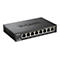 Schwarzer D-Link Gigabit Switch, ports nummeriert von 1-8. Beschriftung: DGS-108, Gigabit Switch.