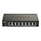 Un commutateur réseau D-Link noir avec huit ports. Les étiquettes et les indicateurs sont clairement visibles.