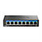 Schwarzer D-Link DMS-108 Switch mit acht Ports, Anzeigeleuchten und Beschriftungen.