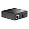 Schwarzes D-Link Ethernet-Gerät. Auf der Vorderseite: „Ethernet“. Rückseite: „Power“-Anschluss und Schrauben.