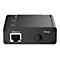 Schwarzes D-Link-Gerät mit Ethernet-Anschluss, Power-Port und LED-Anzeigen.