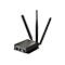 Schwarzer WLAN-Router mit drei Antennen, Anschlüssen und Anzeigen, vor weißem Hintergrund.