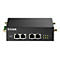 Ein schwarzes D-Link-Netzwerkgerät mit Anschlüssen und Kontrollleuchten. Aufschrift: "D-Link", "LAN1-4", "PoE1-2", "Reset".