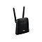 Schwarzer WLAN Router mit zwei Antennen und Leuchtanzeigen, vor weißem Hintergrund. D-Link Logo.