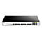 Schwarzer D-Link Switch. Silberne Front mit Anschlüssen, schwarzer Deckel. Aufschrift D-Link.