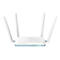 Ein weißer D-Link WLAN-Router mit vier Antennen. Blaue Zierleiste. Oben steht D-Link. Leuchtende Kontrollleuchten.