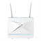 Weißer D-Link Router mit zwei Antennen. Am unteren Rand befinden sich mehrere Leuchten. Das Gerät steht vor weißem Hintergrund.
