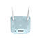 Hellblauer WLAN-Router mit zwei Antennen. Unten befindet sich eine Reihe von Anschlüssen, beschriftet mit "INTERNET".