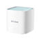 Weißer D-Link Router mit hellblauer Oberseite und seitlichen Lüftungsschlitzen. Das D-Link Logo und eine kleine LED sind auf der Vorderseite.