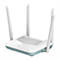 Drahtloser Router in Weiß und Hellblau mit vier Antennen, auf weißem Hintergrund.