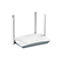 Ein weißer D-Link Router mit vier Antennen, die aus dem Gehäuse ragen. Kleine LEDs leuchten grün.