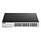 Ein schwarzer D-Link Gigabit Switch mit 24 Anschlüssen. Oben links ist das D-Link Logo. Unten befinden sich Anschlussnummern und LED-Anzeigen.