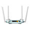 Hellblau-weißer Router vor weißem Hintergrund. Mit vier Antennen, Steckplätzen und Anschlüssen.