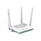 Draufsicht auf einen weißen Router mit 4 Antennen. Unterseite und die Seiten in hellblau. Auf der Oberseite steht D-Link.