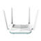Weißer D-Link Router mit vier Antennen, auf hellblauem Sockel, vor weißem Hintergrund.