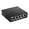 Schwarzer D-Link Netzwerkswitch mit 5 Ports. Auf der Oberseite steht D-Link. Auf der Front sind Anschlüsse, LEDs und Modellbezeichnung.