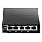 Schwarzer D-Link Netzwerk Switch mit 5 Anschlüssen, Beschriftungen und LED-Anzeigen. Das Gerät ist quadratisch und hat das D-Link Logo.