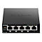 Schwarzer D-Link Netzwerkswitch. Fünf Netzwerkanschlüsse unten. LED-Anzeigen für Strom und Netzwerkaktivität.
