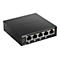 Schwarzer D-Link Netzwerkswitch mit fünf Ports, Beschriftungen und LED-Anzeigen. Das Gerät ist vor weißem Hintergrund abgebildet.