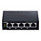 Schwarzer D-Link Netzwerkswitch. Fünf Ethernet-Anschlüsse, Kontrollleuchten.