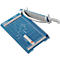 Blue paper cutter with white blade and handle, on blue base with measurements.