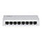 Ein weißer Dahua Netzwerk-Switch mit acht LAN-Anschlüssen vor einem weißen Hintergrund.