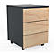 Three-drawer desk container in anthracite with wood front. Stands on black castors.