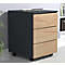 Black file cabinet with three drawers and wooden fronts. It is on wheels, with glasses and a remote control on top.