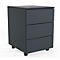 Dark gray mobile pedestal with three drawers. Black wheels.