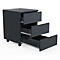 Dark gray three-drawer rolling file cabinet with drawers open against white background.