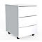 White, three-drawer mobile pedestal with black castors on a white background.